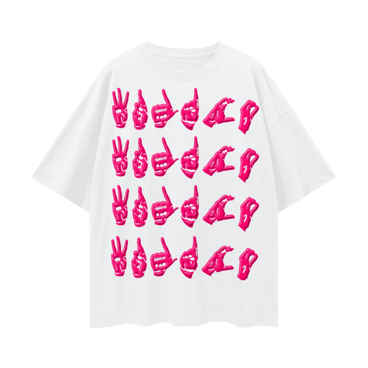 WRLDCO® (FW2425 Never Forgot Release) “Hand Signs” Oversize Deep Drop Shoulder Tee (Pink)