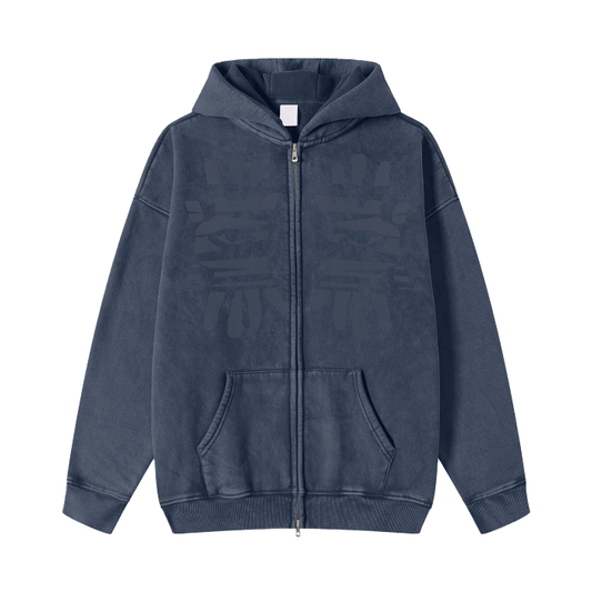 Miyanardo® (FW2425 Original Release) “Ripped” Acid Washed Zip Fleece  Hoodie Jacket Blue