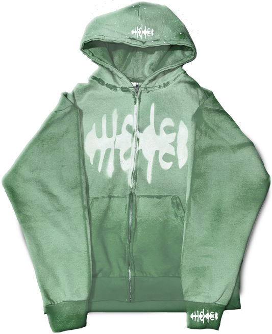 WRLDCO® (FW2425 Never Forgot Release) “WRLD MARKET” Weathered Zip Up Faded Green Diamond Hooded