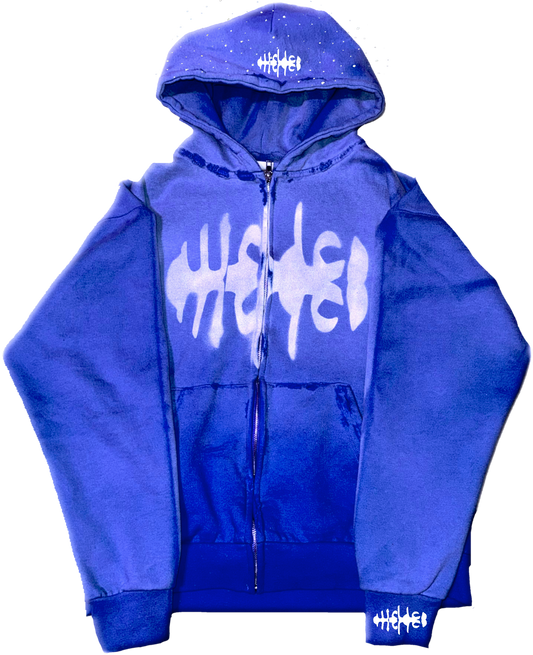 WRLDCO® (FW2425 Never Forgot Release) “WRLD MARKET” Weathered Zip Up Faded Blue Diamond Hooded