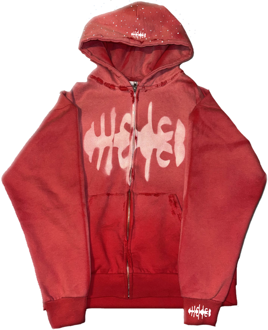 WRLDCO® (FW2425 Never Forgot Release) “WRLD MARKET” Weathered Zip Up Faded Red Diamond Hooded