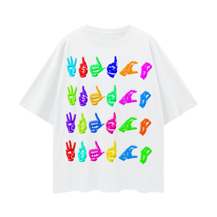 WRLDCO® (FW2425 Never Forgot Release) “Hand Signs” Oversize Deep Drop Shoulder Tee (Multi)