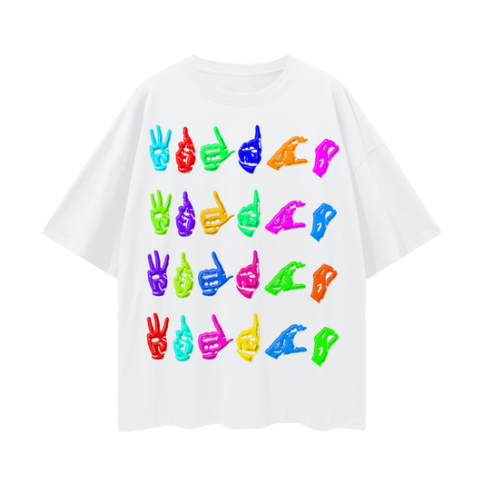 WRLDCO® (FW2425 Never Forgot Release) “Hand Signs” Oversize Deep Drop Shoulder Tee (Multi)