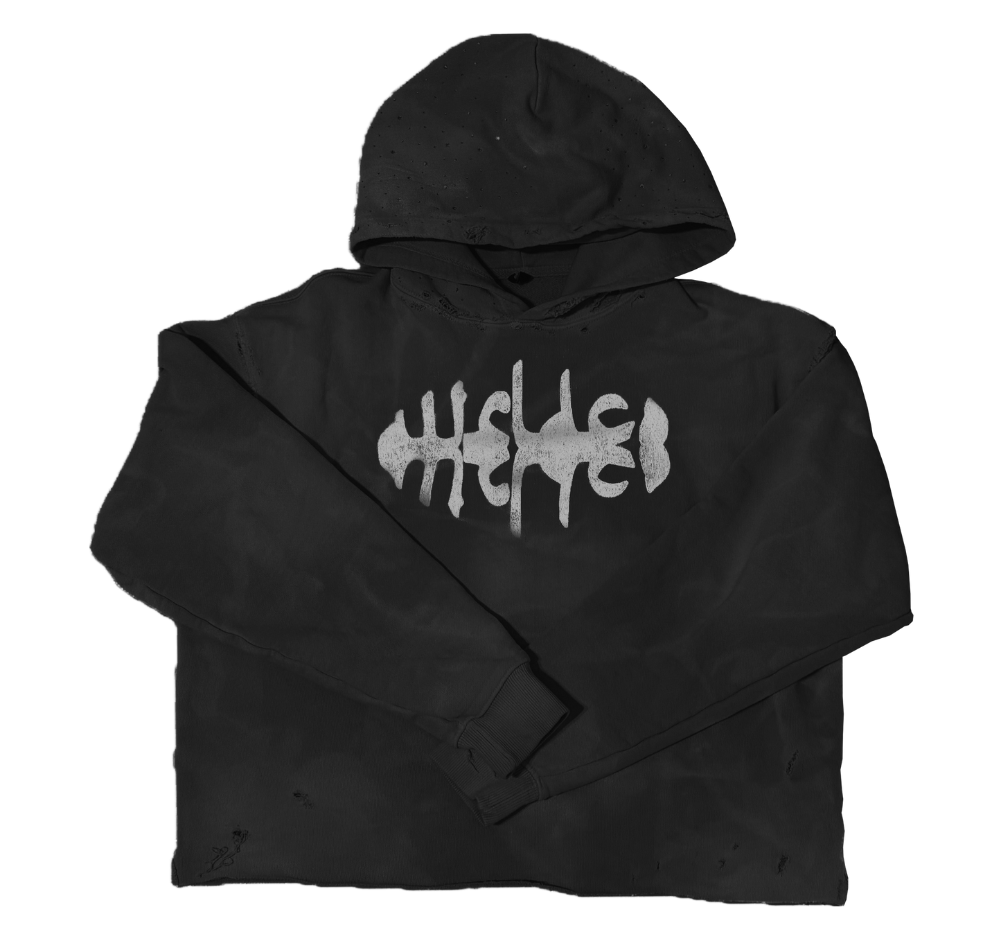 WRLDCO® (FW2425 Never Forgot Release) “WRLD MARKET” "1OAK" Sun-Dried Distressed Crop Hoodie Black