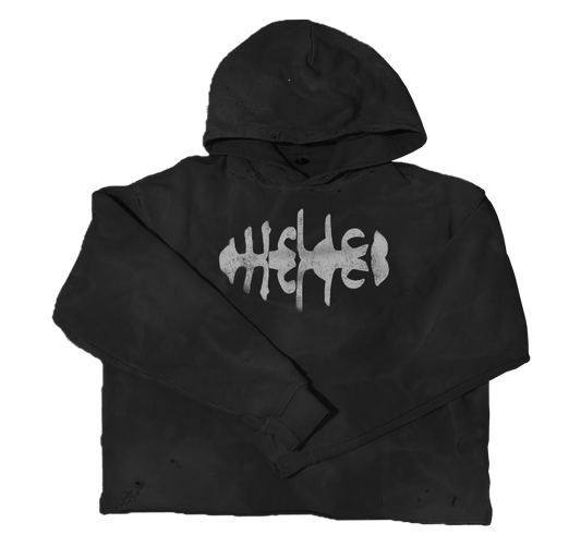 WRLDCO® (FW2425 Never Forgot Release) “WRLD MARKET”  "1OAK" Sun-Dried Distressed Crop Hoodie Black
