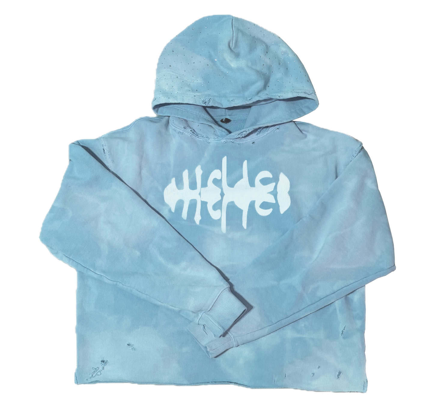 WRLDCO® (FW2425 Never Forgot Release) “WRLD MARKET” "1OAK" Sun-Dried Distressed Crop Hoodie Blue