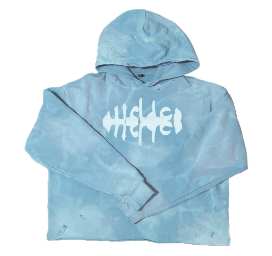 WRLDCO® (FW2425 Never Forgot Release) “WRLD MARKET”  "1OAK" Sun-Dried Distressed Crop Hoodie Blue