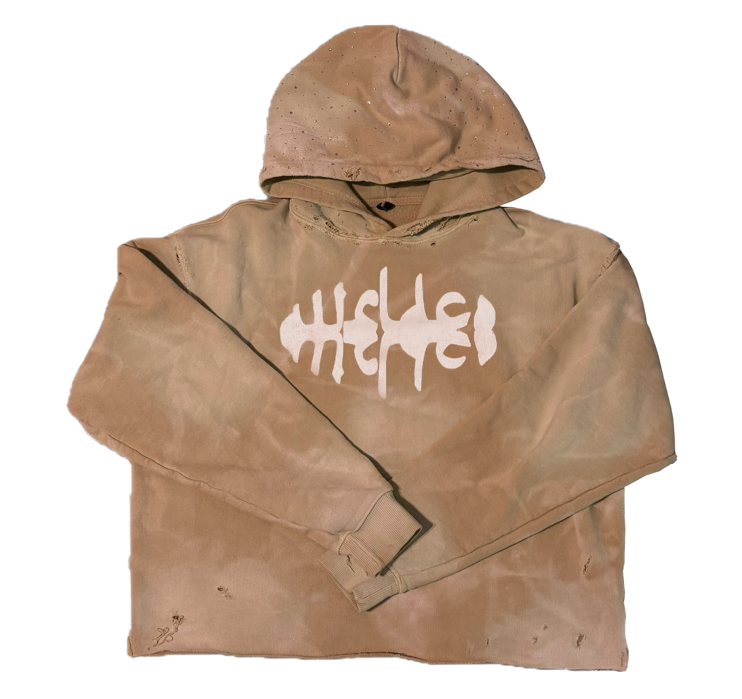 WRLDCO® (FW2425 Never Forgot Release) “WRLD MARKET” "1OAK" Sun-Dried Distressed Crop Hoodie Brown