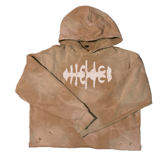 WRLDCO® (FW2425 Never Forgot Release) “WRLD MARKET”  "1OAK" Sun-Dried Distressed Crop Hoodie Brown