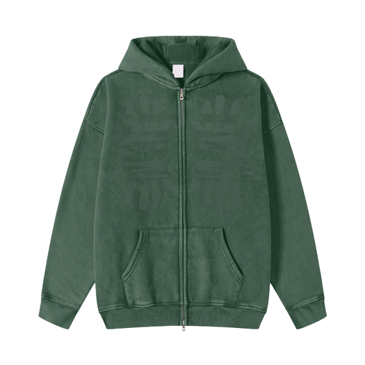 Miyanardo® (FW2425 Original Release) “Ripped” Acid Washed Zip Fleece  Hoodie Jacket Green