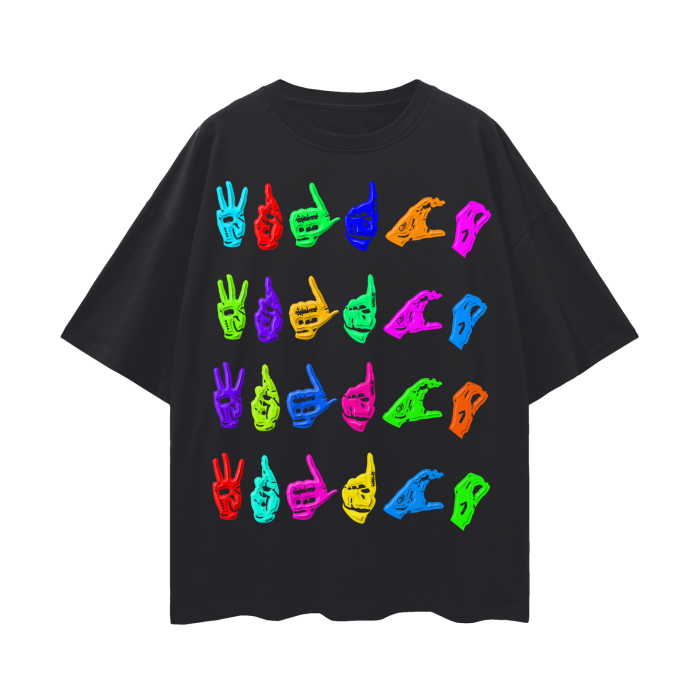 WRLDCO® (FW2425 Never Forgot Release) “Hand Signs” Oversize Deep Drop Shoulder Tee (Multi)
