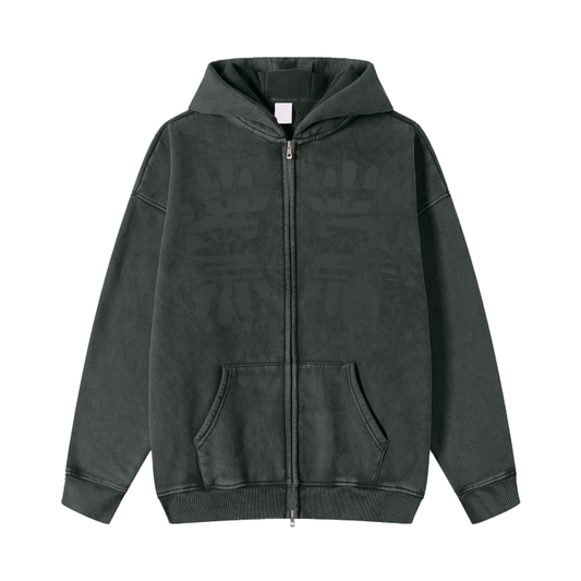 Miyanardo® (FW2425 Original Release) “Ripped” Acid Washed Zip Fleece  Hoodie Jacket Faded Black