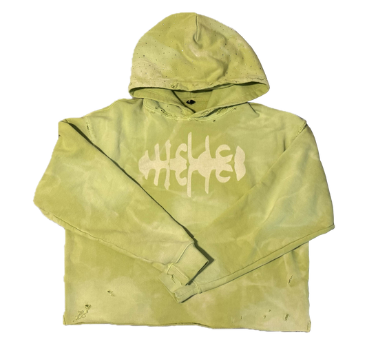 WRLDCO® (FW2425 Never Forgot Release) “WRLD MARKET”  "1OAK" Sun-Dried Distressed Crop Hoodie Lime